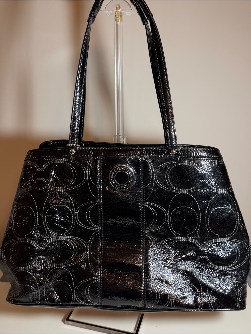 Coach Black Patent Leather Signature Kisslock Carryall Bag